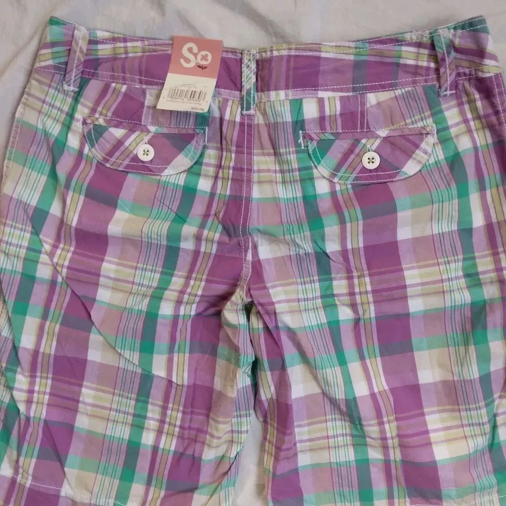 SO Bermuda Shorts Women's Juniors 11 Purple Blue White Plaid Cotton - Picture 6 of 7